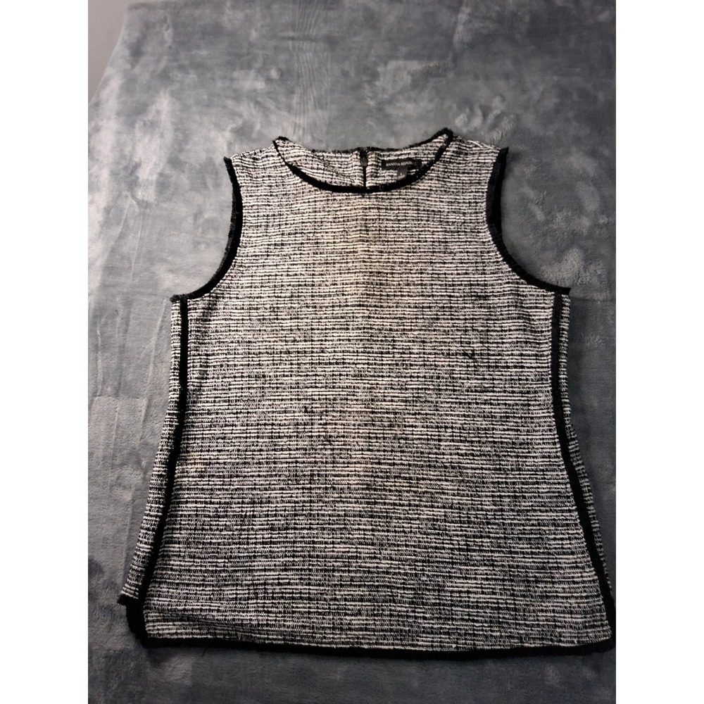 Banana Republic Womens L Black White Tweed Knit Sleeveless Fringe Trim Shell Top